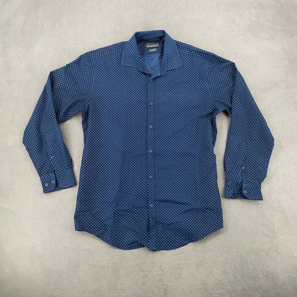 Black Label by Ruffini Mens Slim Fit Polka Dot Button Down Shirt Navy Blue M
